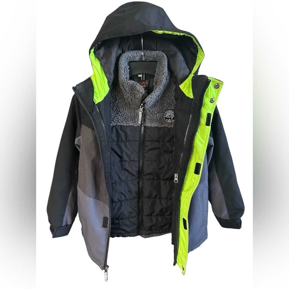 Gerry Boys 3-in-1 Winter Jacket Gray Black Neon Lime Sherpa Liner S 7/8